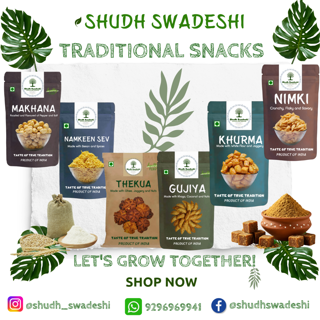 "Homepage banner showcasing Shudh Swadeshi’s traditional snacks collection and brand message." Shudh Swadeshi banner displaying packets of Indian traditional snacks—Thekua, Gujiya, Namkeen Sev, Makhana, Khurma, and Nimki—along with company mission and contact information.